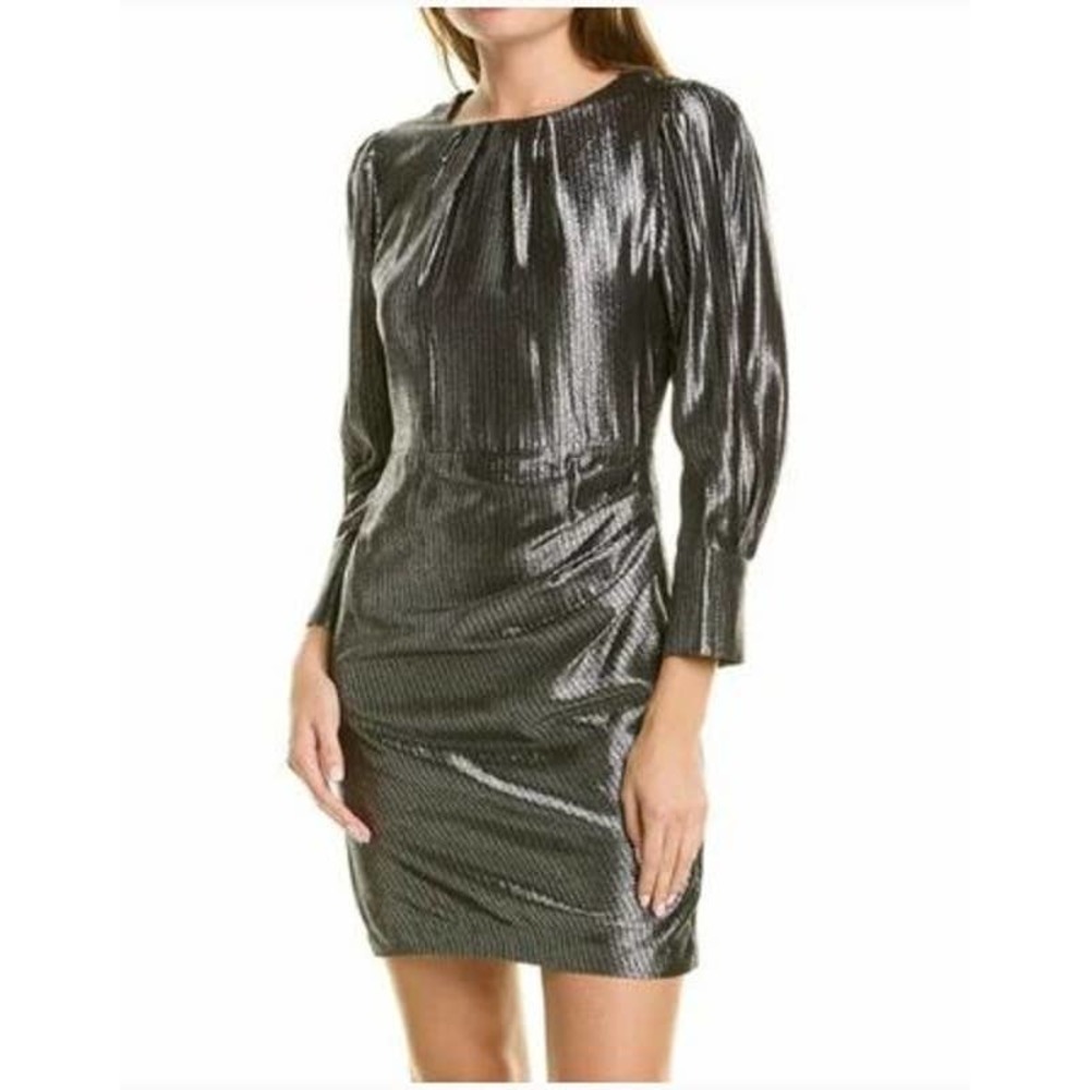 Maje Metallic Silver Lurex Ralery Side Ruched Cocktail Mini Dress Size 38 NWT